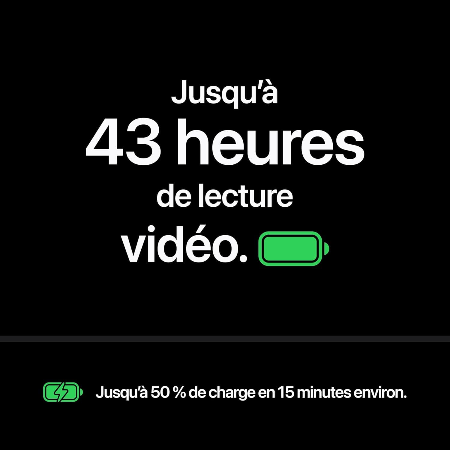 Infographie Apple : jusqu'à 43 heures de lecture vidéo et jusqu'à 50 % de charge en 15 minutes environ