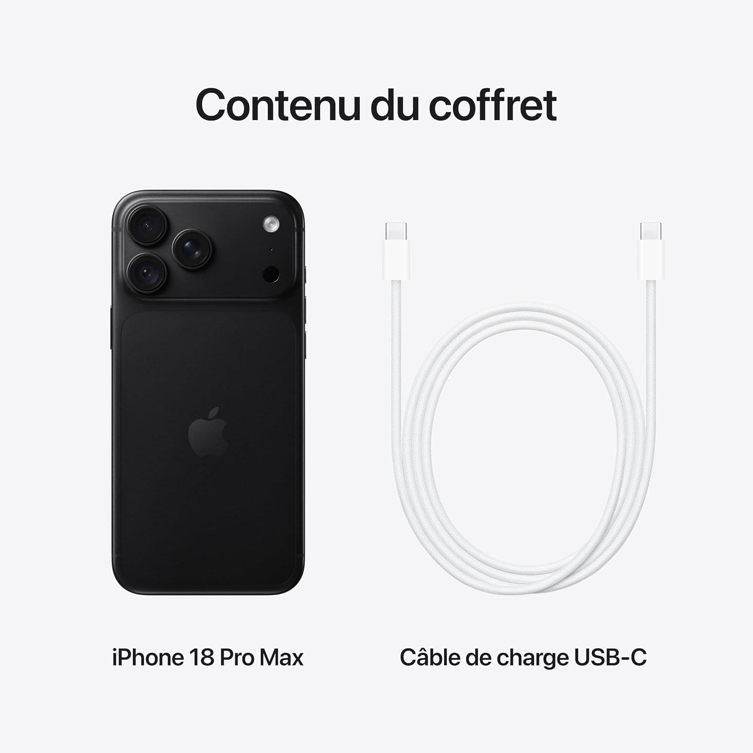 Contenu du coffret de l'iPhone 18 Pro Max avec câble de charge USB-C