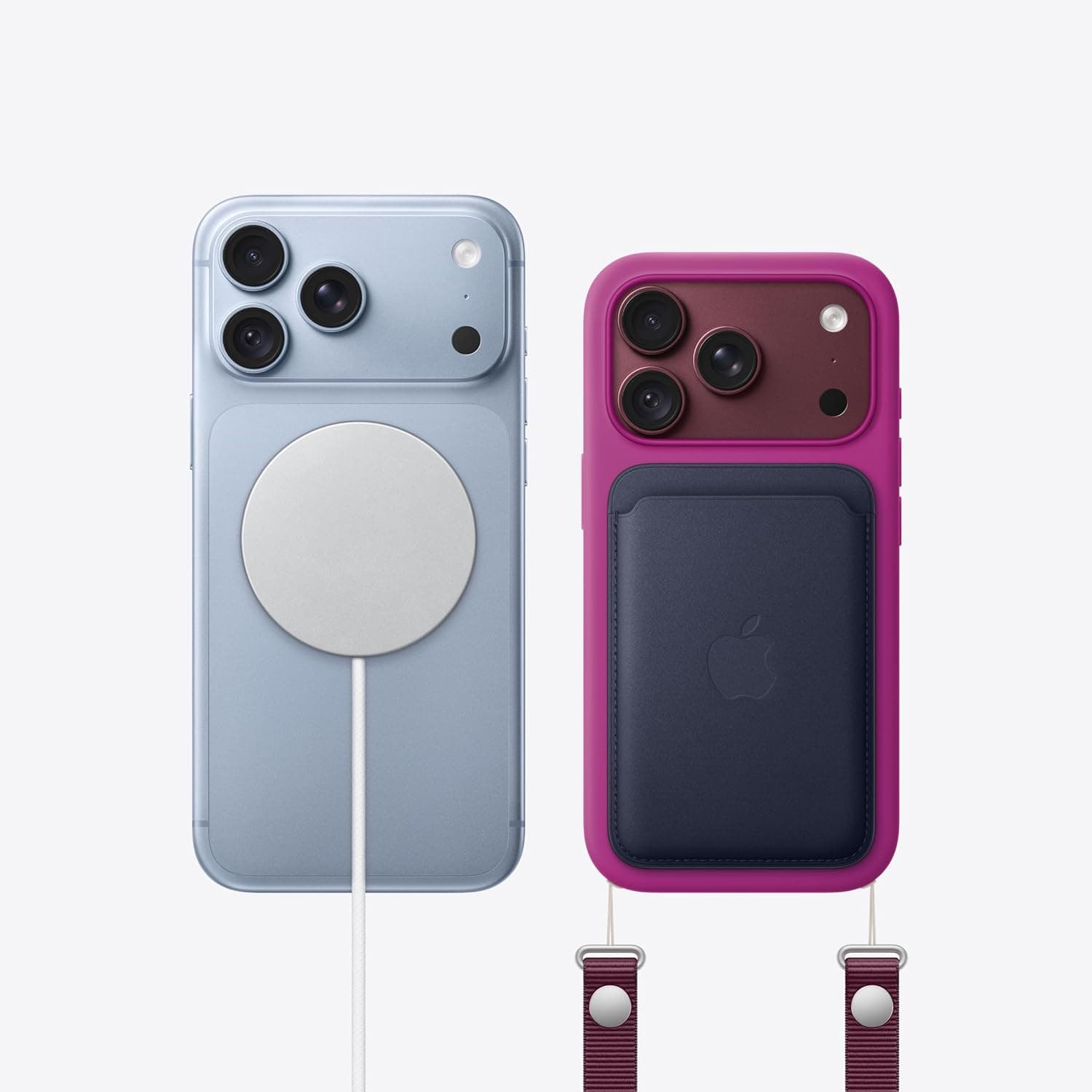 iPhone 18 Pro Max en finition Glacier et Bordeaux avec accessoires de charge magnétique